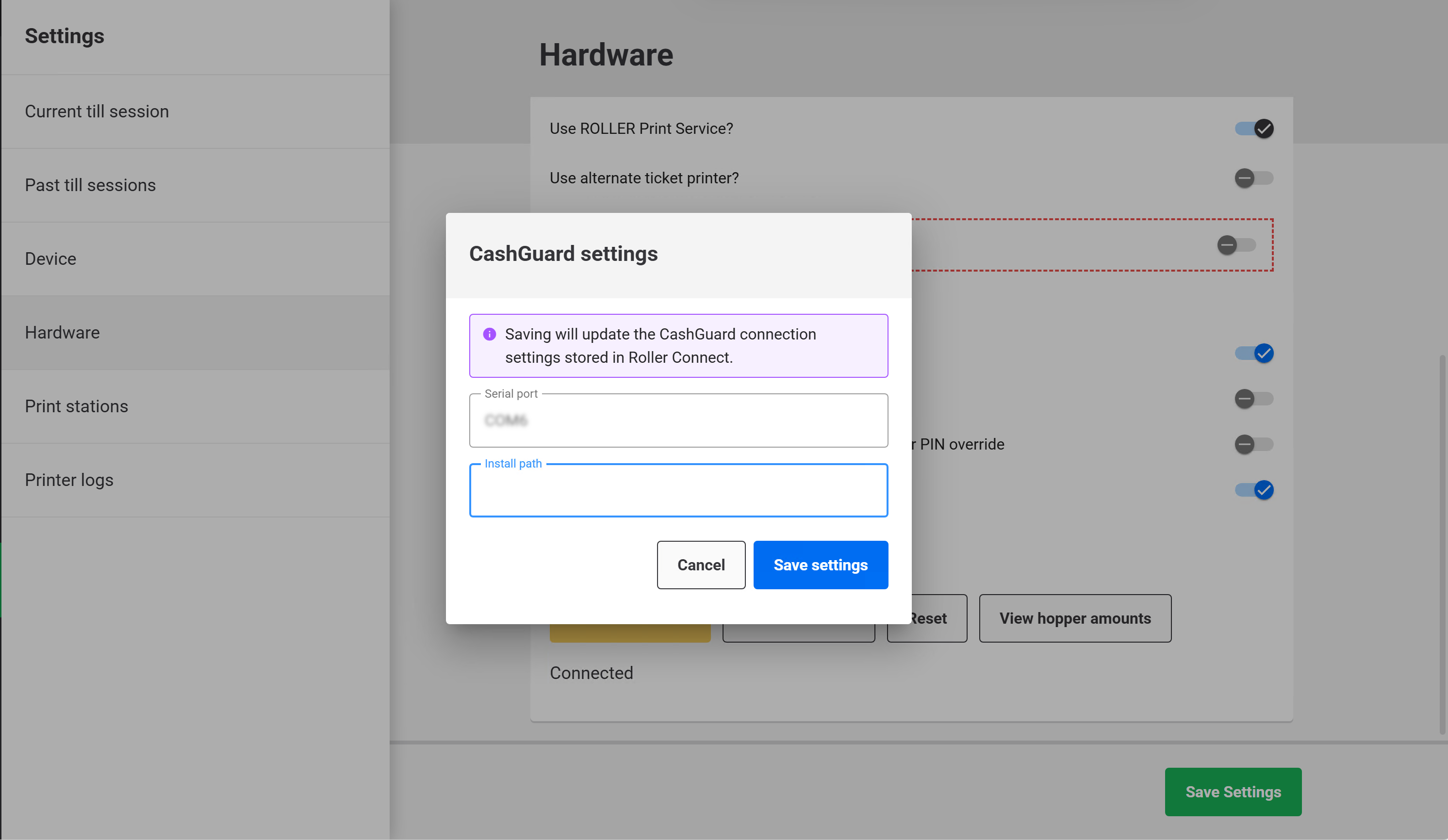 Settings interface for CashGuard, showing connection options and input fields.